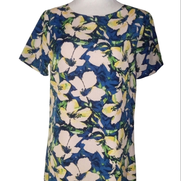J. Crew Navy Blue Colorful Tropical Floral Print Shift Dress Size 4 - Picture 2 of 8